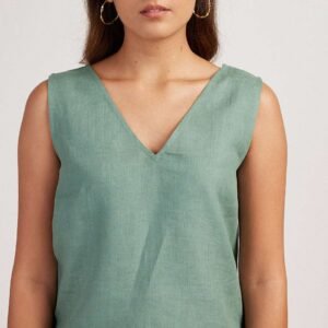 Women's Cotton Solid V Neck Sleevleess 2 Piece Outfit Loose Tank Top and Shot Scult Sets cord set ( Pista Green Black )
