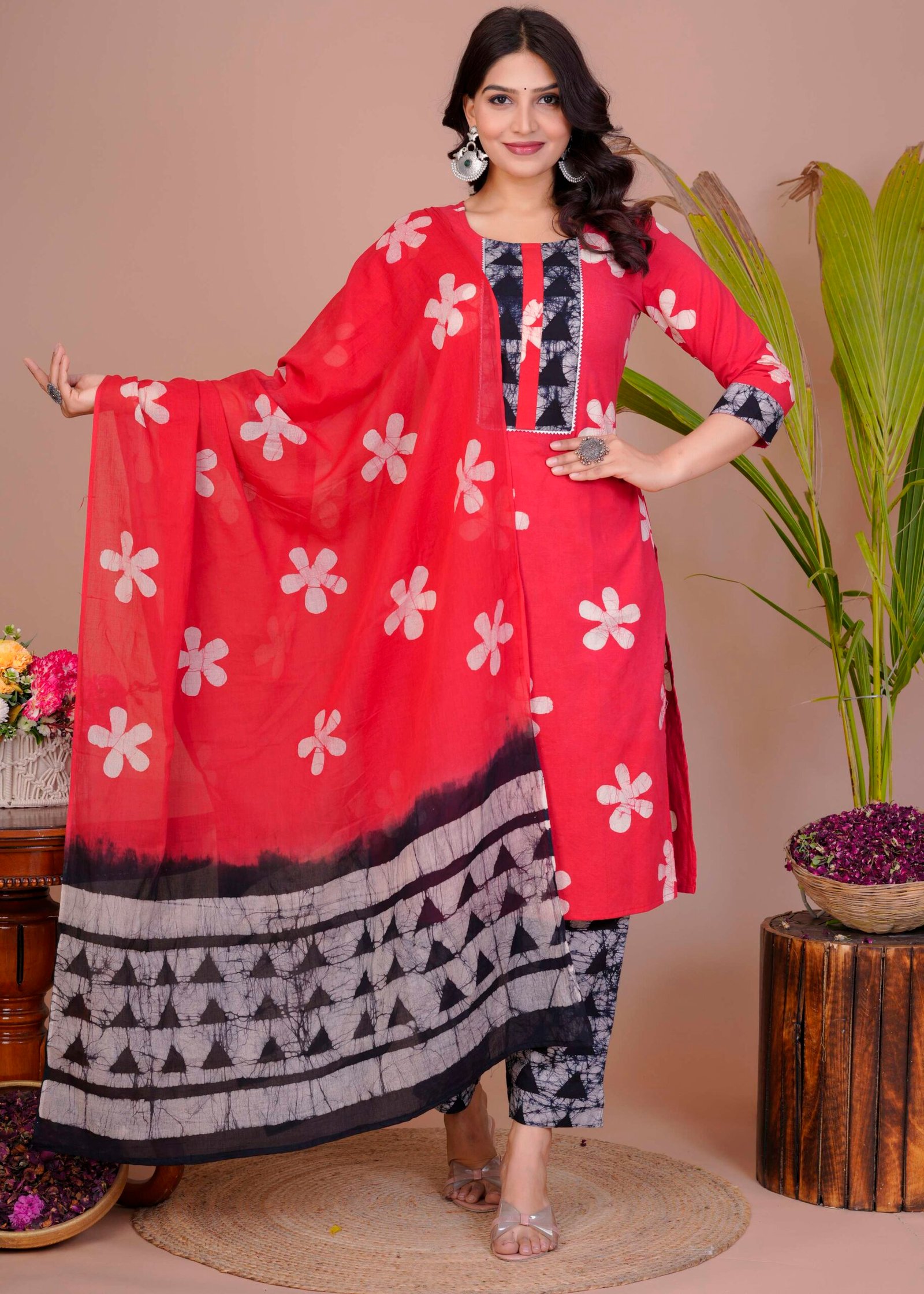 Women's Red Cotton Printed Straight Kurti with Pant & Dupatta Set