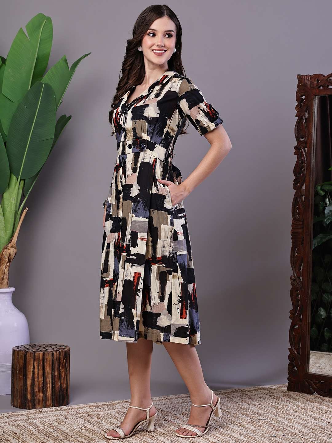 Women's Beige & Black Abstract Print Cotton Shirt Dress Midi Dresses - Image 3