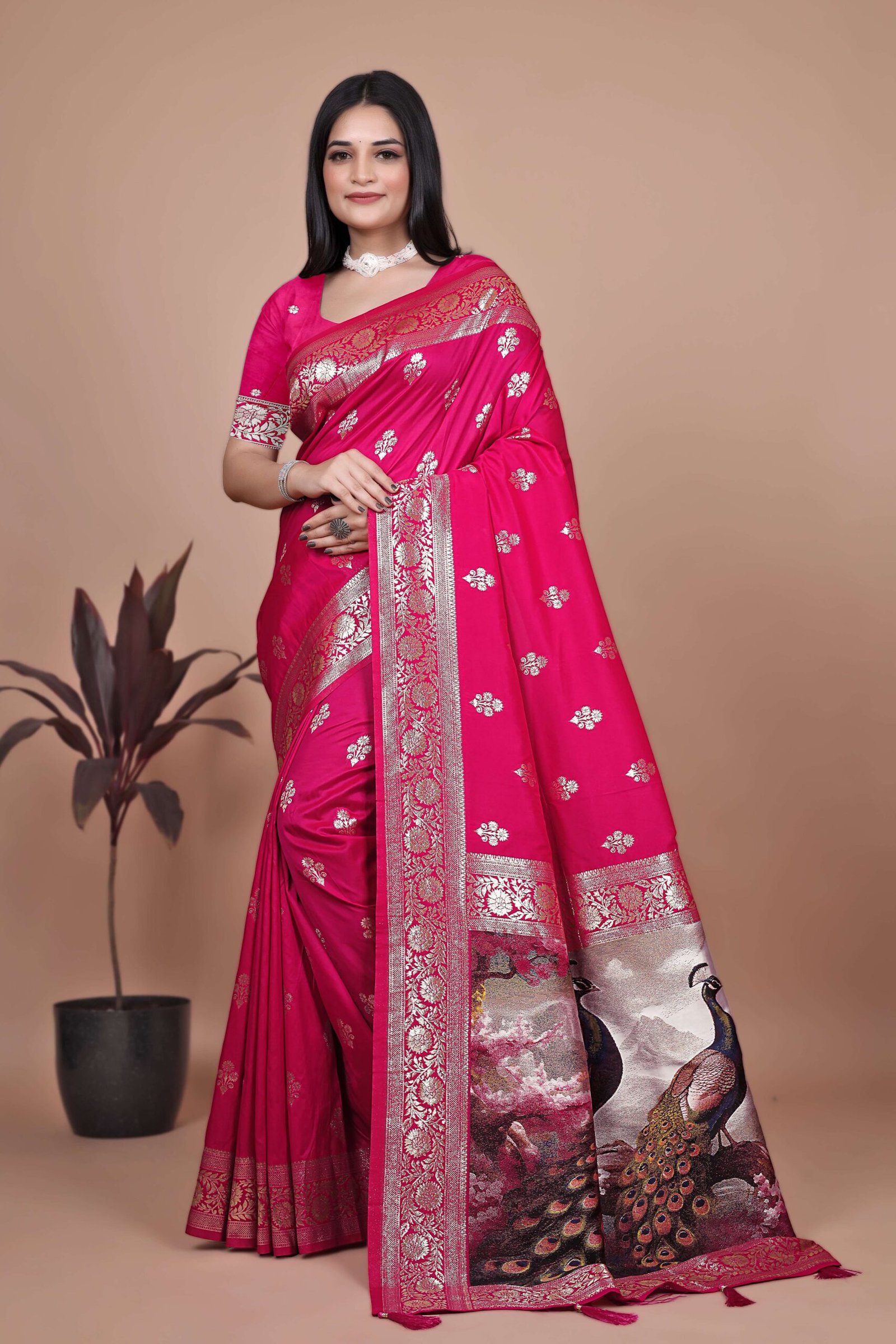 Majestic Magenta Silk Saree with Silver Zari & Twin Peacock Pallu | Wedding, Festive & Traditional Wear