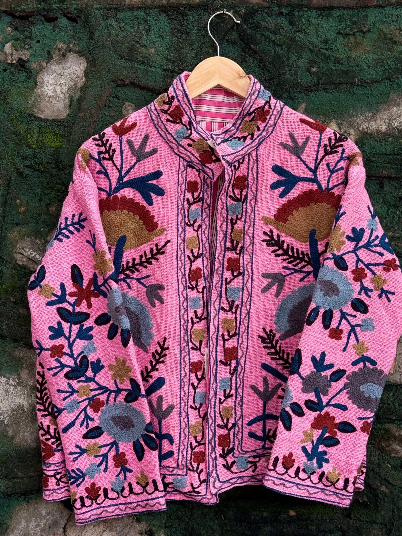 Womens Pink Velvet Embroidered Jacket with Floral Design - Image 6