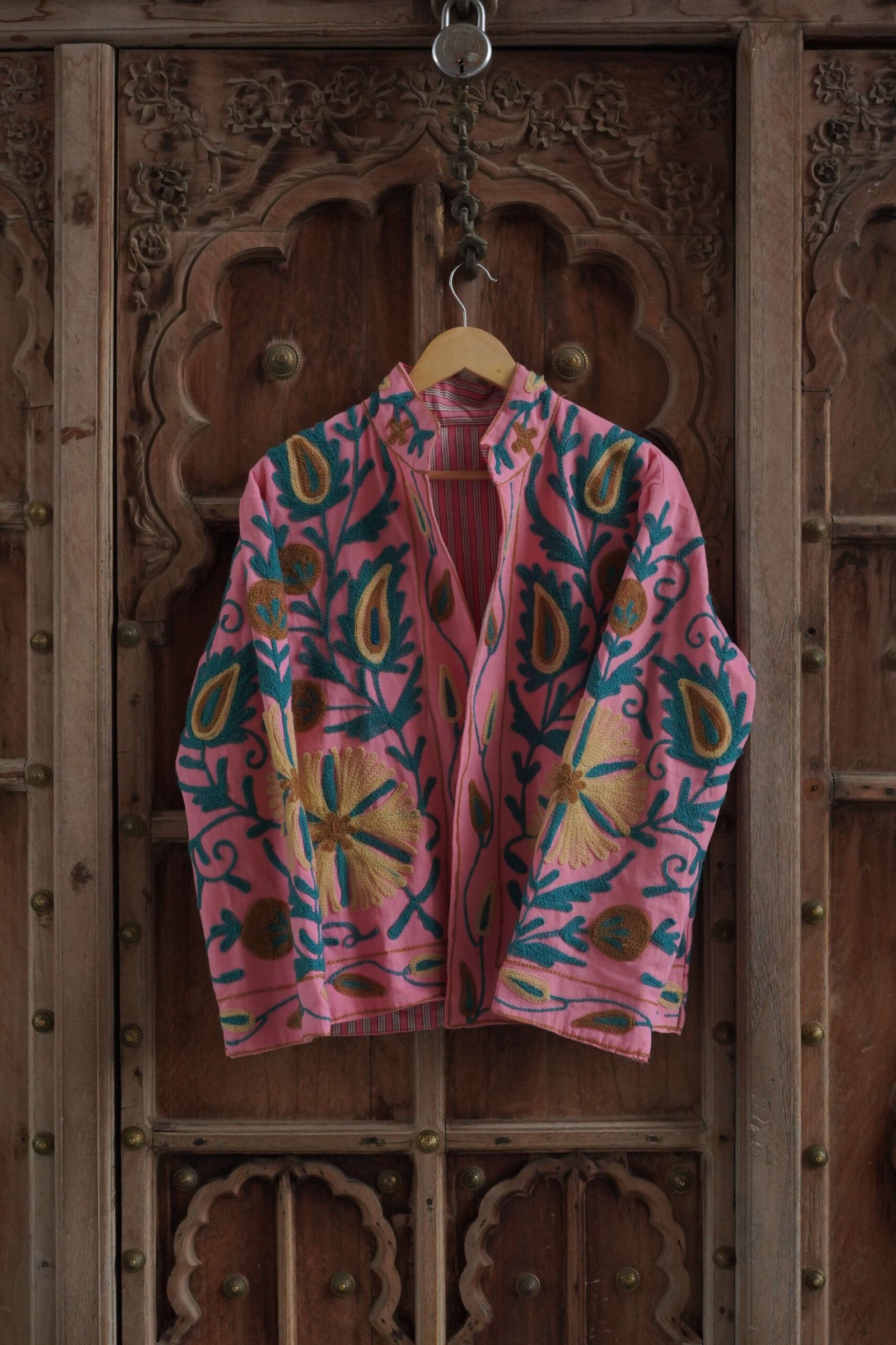 Womens Pink Velvet Embroidered Jacket with Floral Design - Image 7