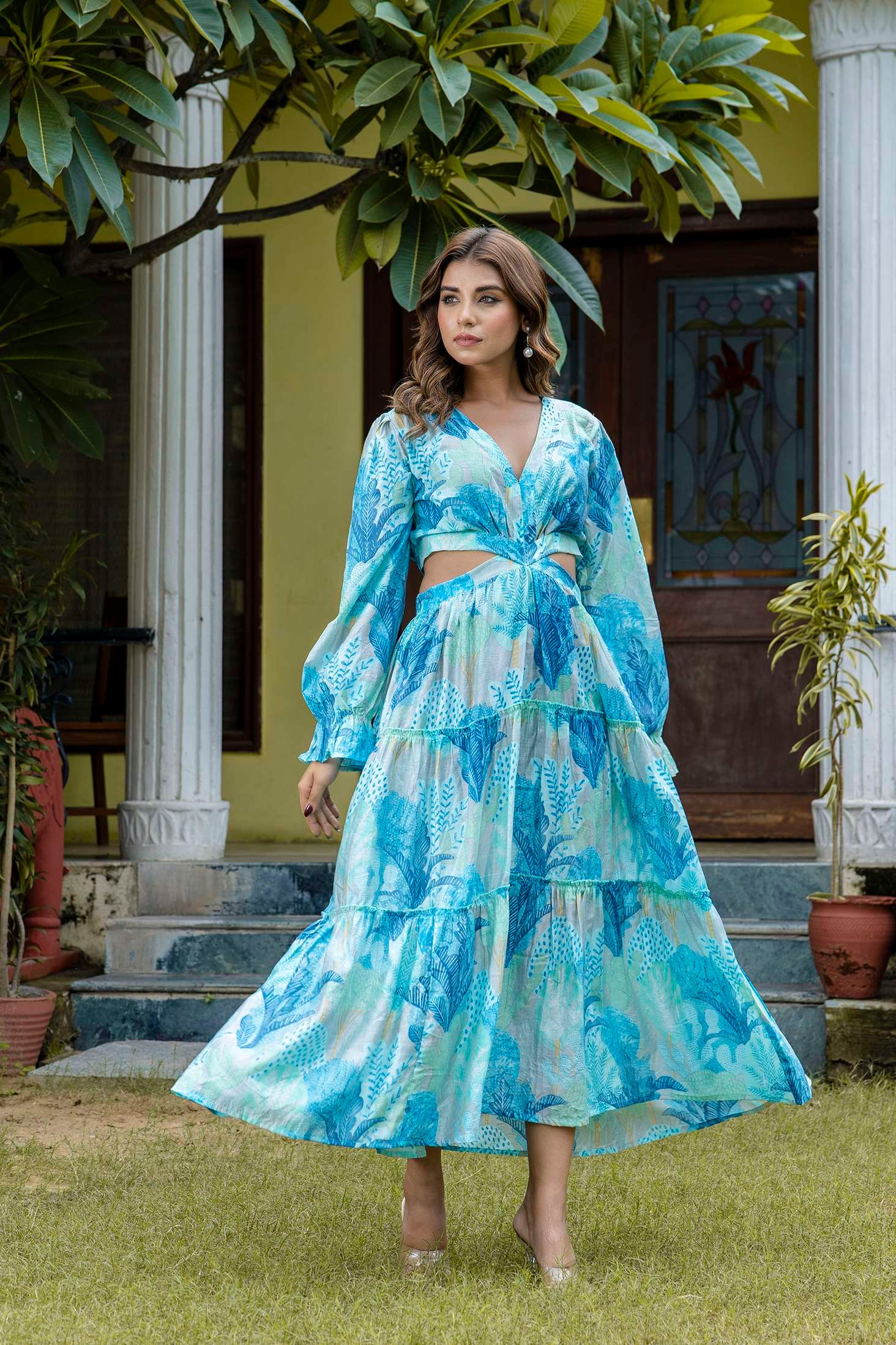 Women's Silk Printed V-Neck Long Bell Sleeves Tiered Maxi Dress Gown