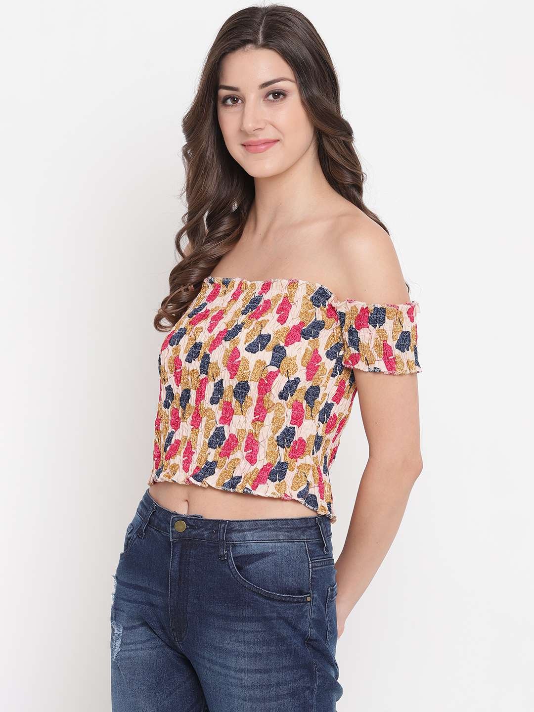 Women's Rayon Printed Off-Shoulder Smocked Crop Top Short Sleeve Casual Styles Tank Top (FREE SIZE) Multi32